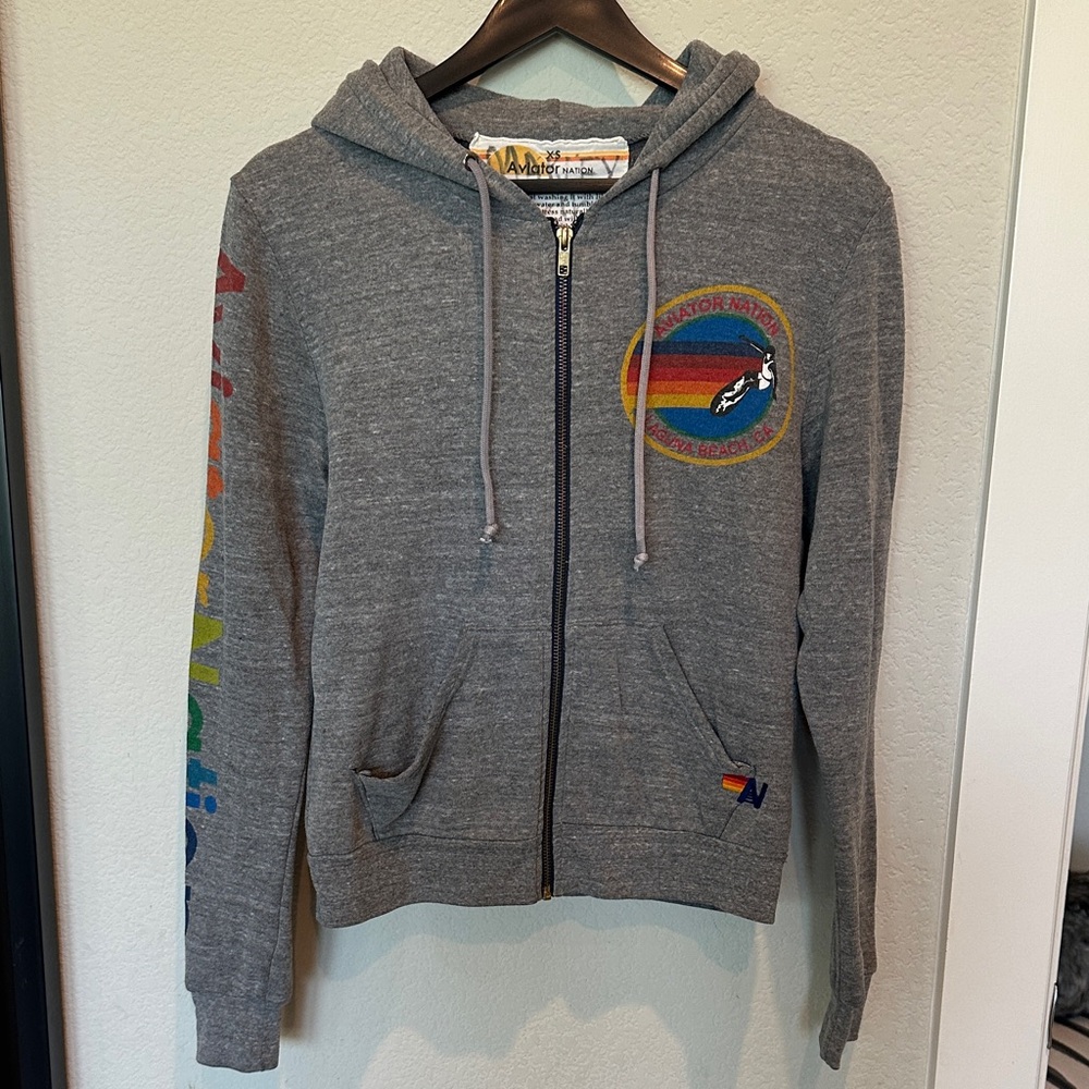 Aviator Nation Gray Hoodie with Rainbow Details